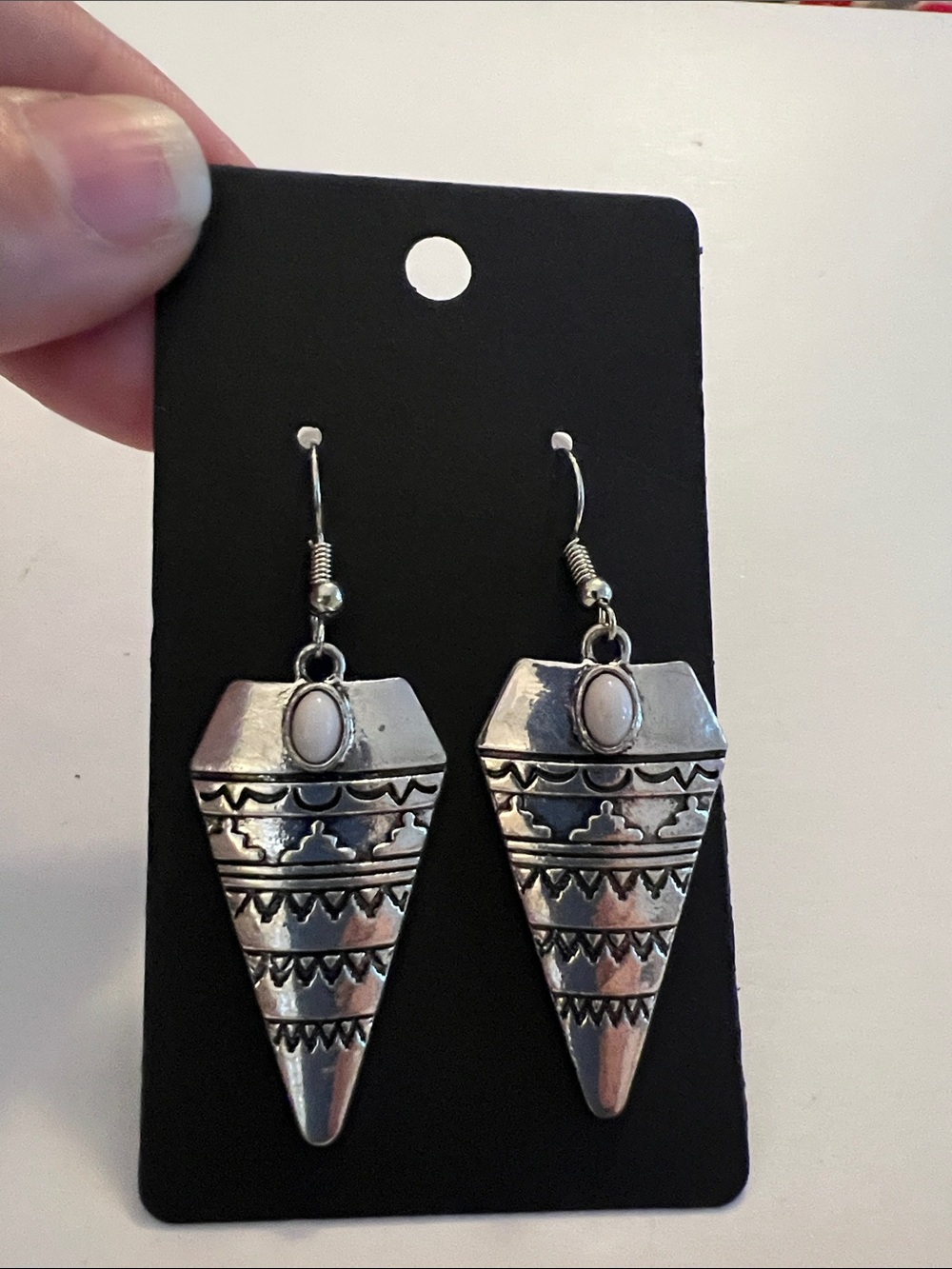 Silver-Tone Tribal Triangle Drop Earrings with White Stone